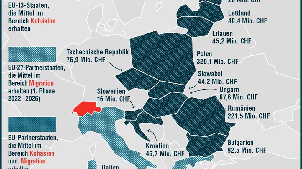 Die Infografik zeigt, welche finanziellen Beiträge in die Partnerländer der EU-15 im Rahmen des zweiten Schweizer Beitrags fliessen.