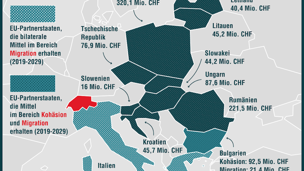 Die Infografik zeigt, welche finanziellen Beiträge in die Partnerländer der EU-15 im Rahmen des zweiten Schweizer Beitrags fliessen.