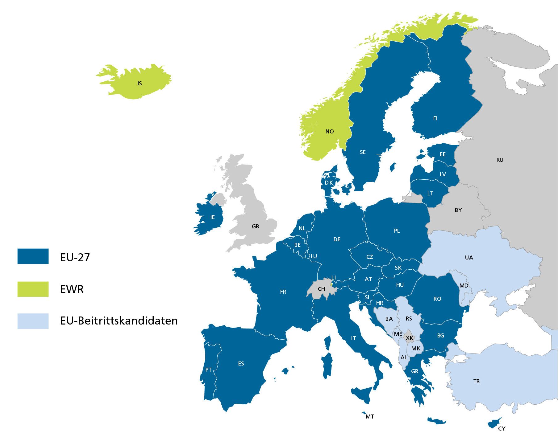 Europakarte mit farblich hervorgehobenen Mitgliedsländern