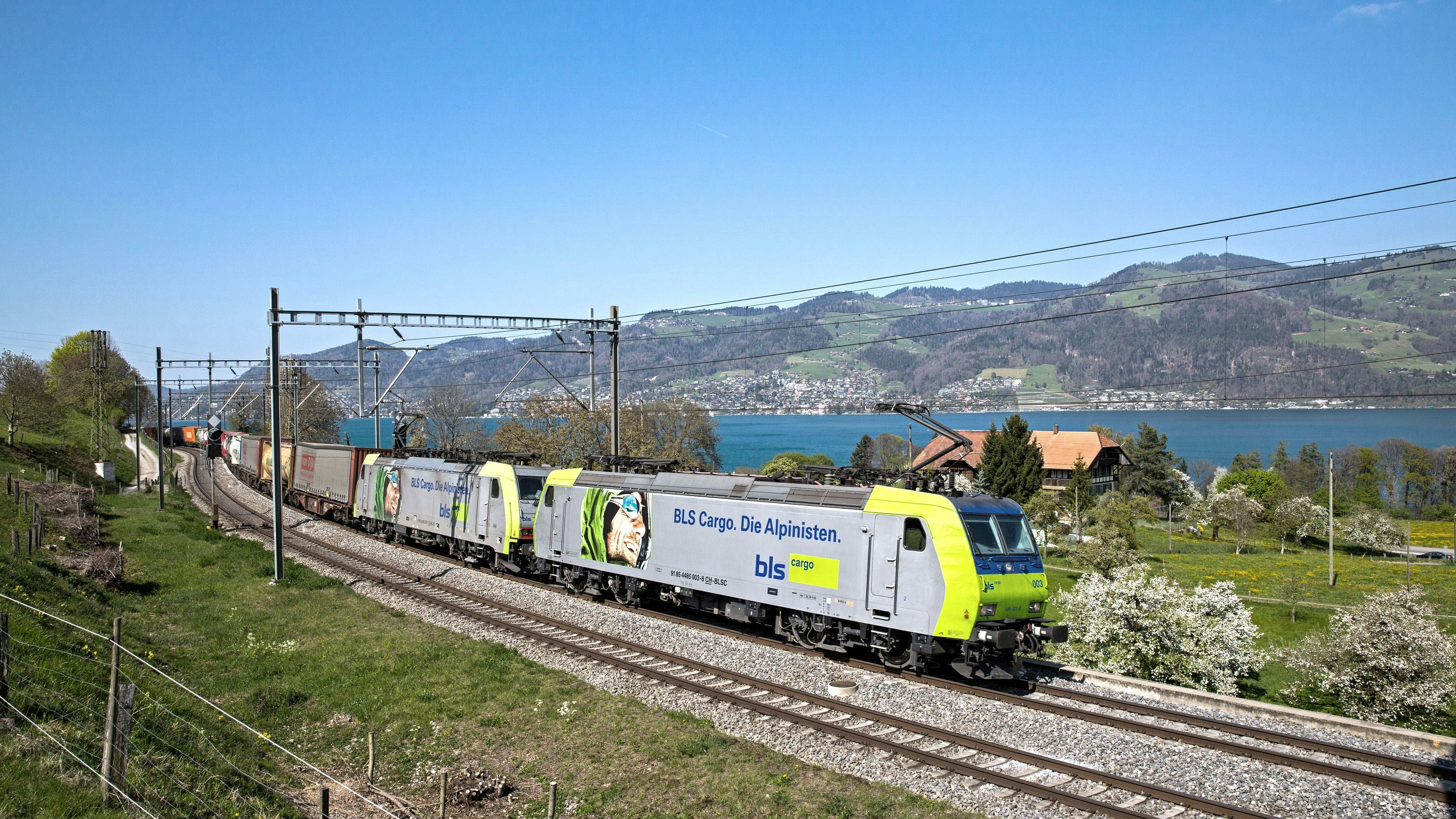 A freight train with containers passes by a lake.