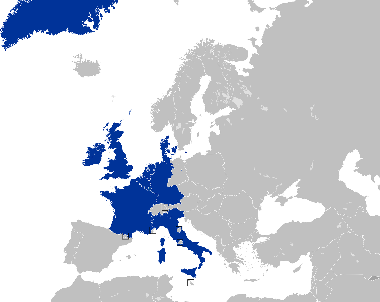 Mappa dell’Europa con i nove Stati membri delle Comunità europee nel 1973.